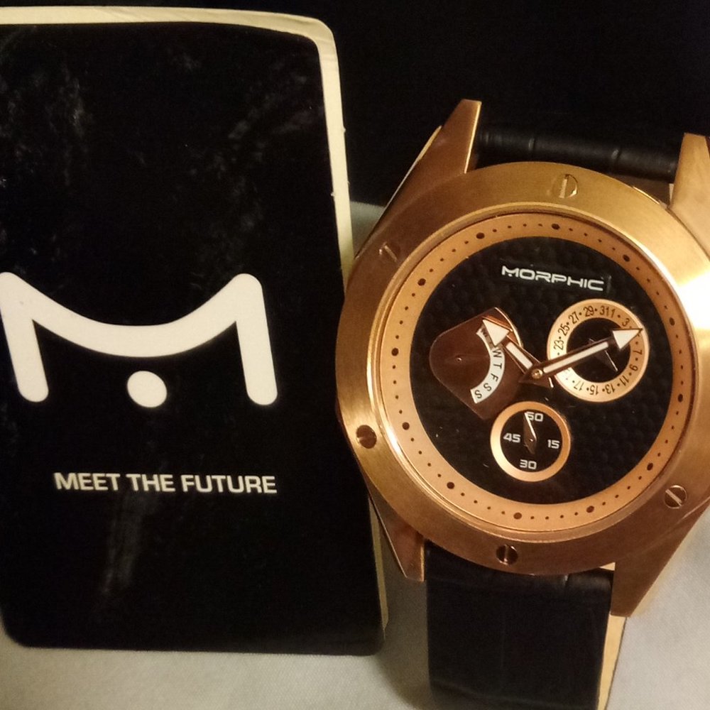 Morphic M46 Series Leather-Band Men's Watch - Black/Rose Gold